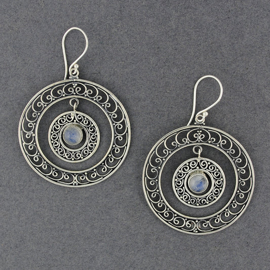 Rainbow Moonstone Ornate Double Hoop Earrings