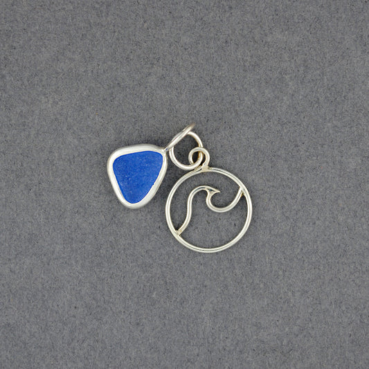 Sterling Silver Cornflower Sea Glass and Wave Charm Pendant