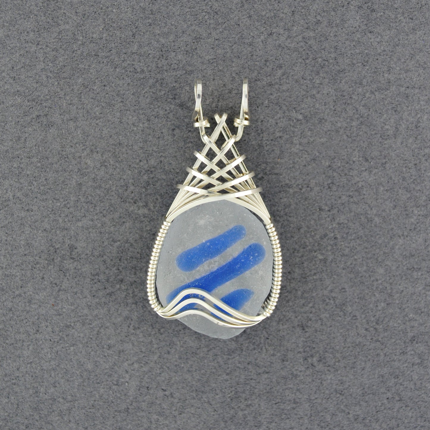 Sterling Silver Blue Striped Sea Glass Weave Pendant