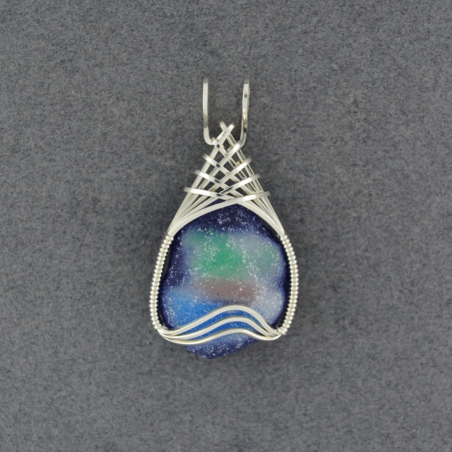 Sterling Silver Blue End of Day Sea Glass Weave Pendant