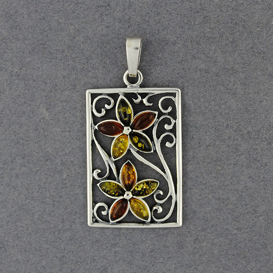 Amber Multi Color Flowers in Rectangle Pendant