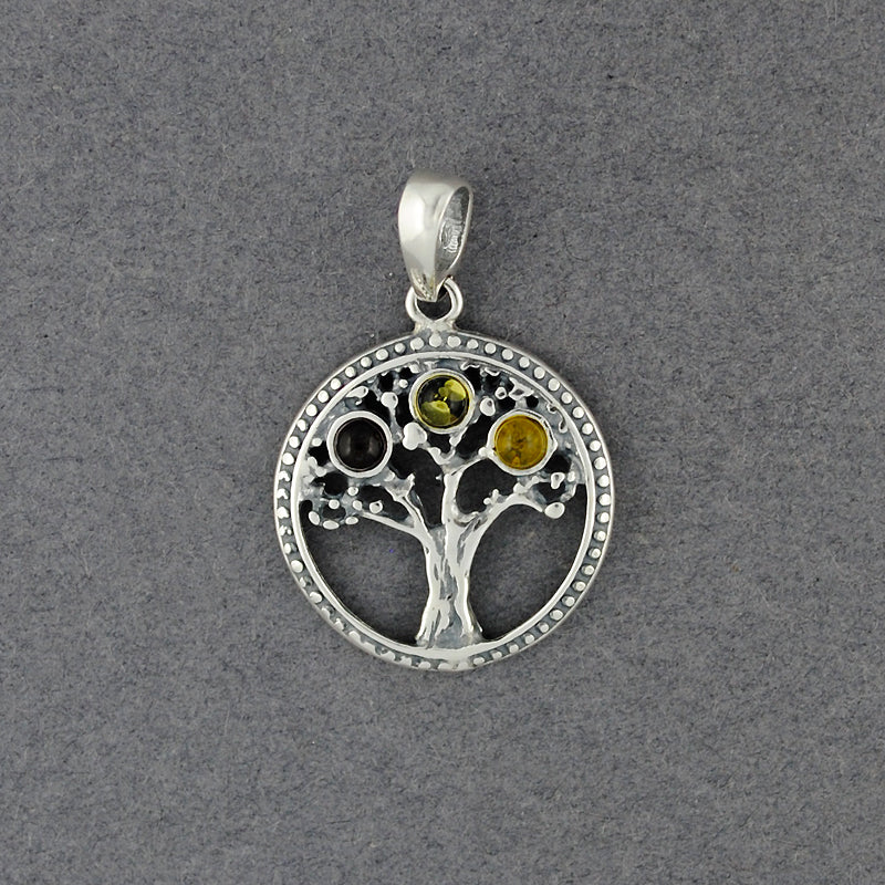 Amber Multi Color Tree in Circle Pendant