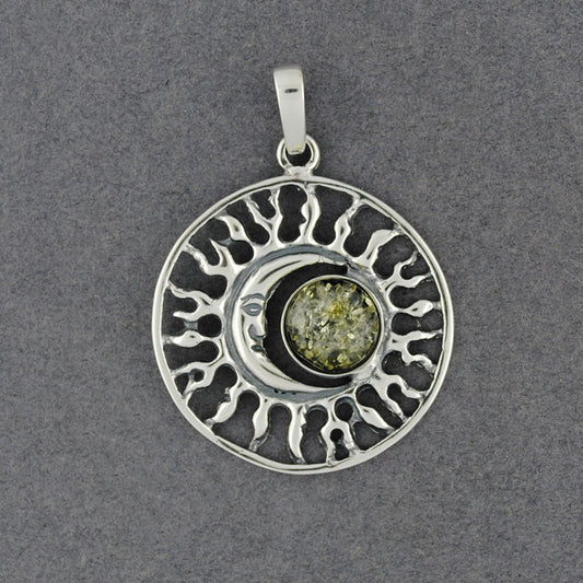 Green Amber Crescent Moon in Sun Pendant