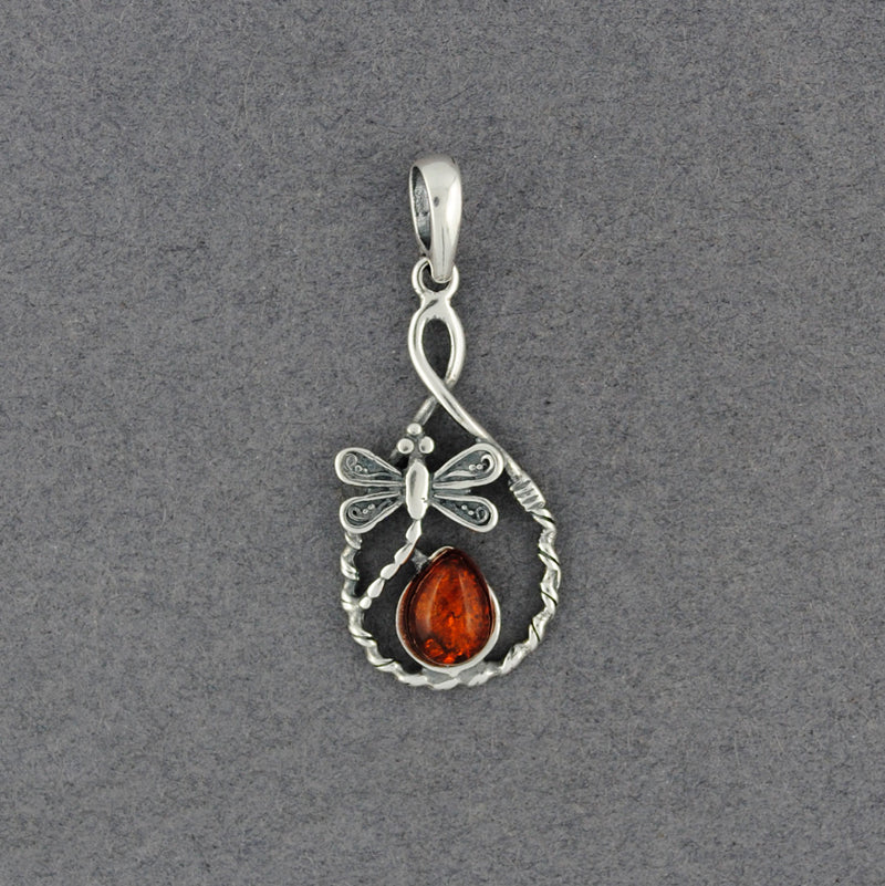 Amber Dragonfly in Teardrop Pendant