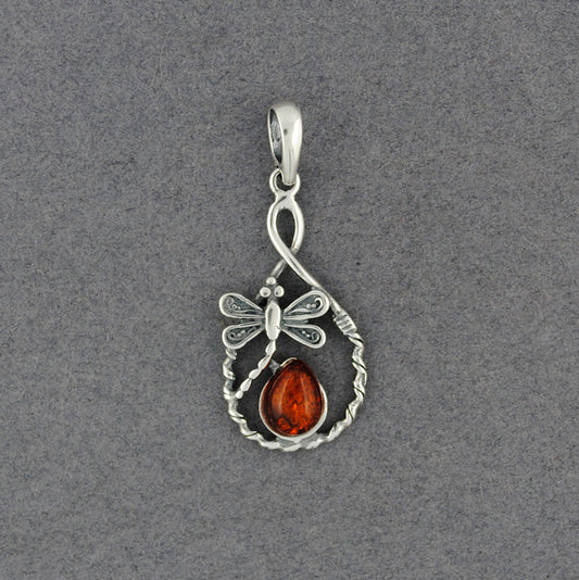 Amber Dragonfly in Teardrop Pendant