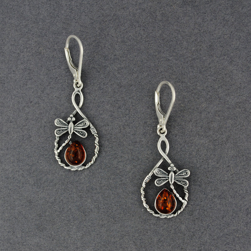 Amber Dragonfly in Teardrop Earrings