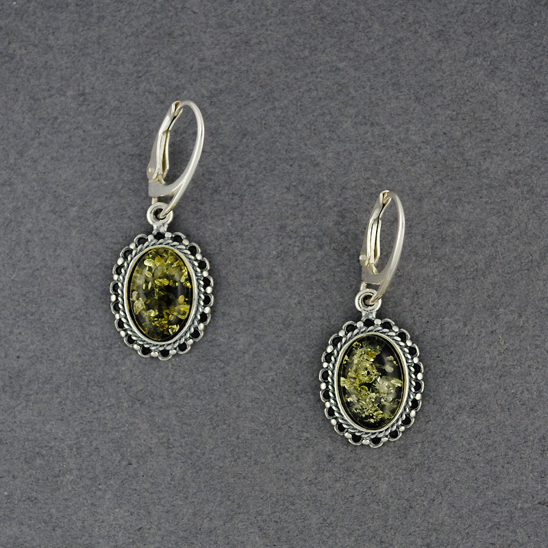 Green Amber Oval Antiqued Earrings