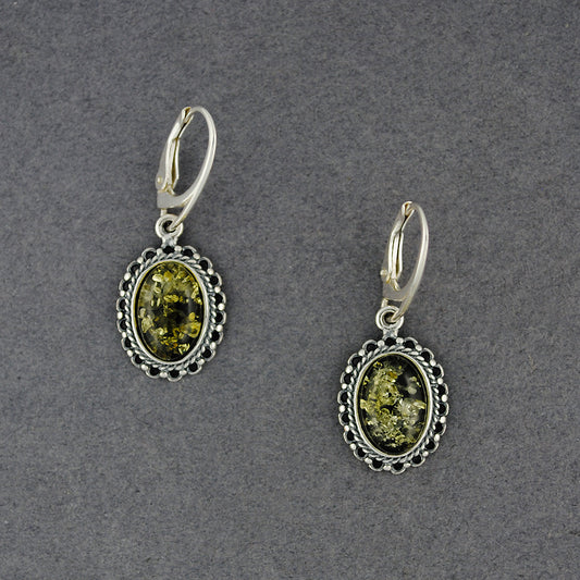 Green Amber Oval Antiqued Earrings