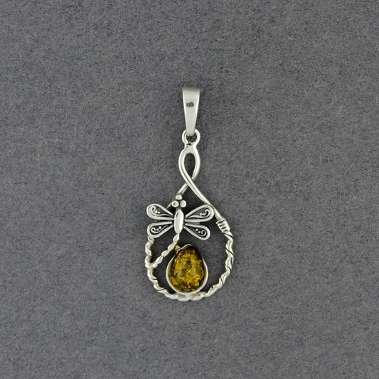 Green Amber Dragonfly in Teardrop Pendant