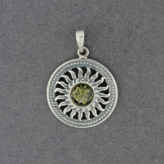 Green Amber Sun with Rope Border Pendant