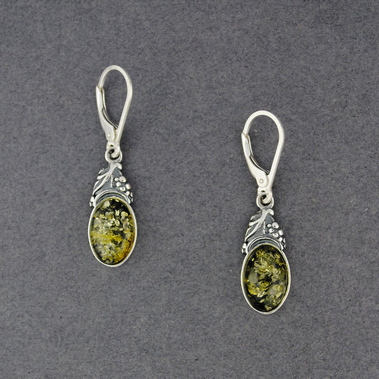 Green Amber Oval with Leaf Earrings