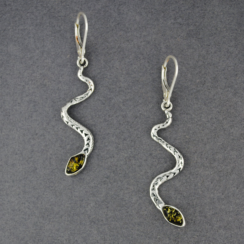 Green Amber Snake Earrings