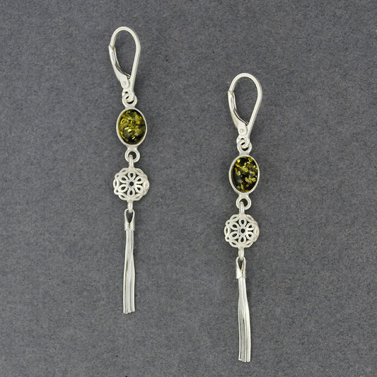 Green Amber Flower Dangle Earrings