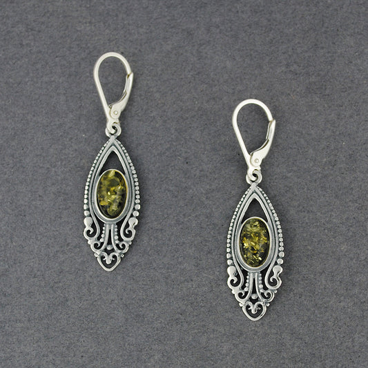 Green Amber Fancy Beaded Scroll Earrings