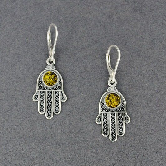 Green Amber Hamsa Earrings