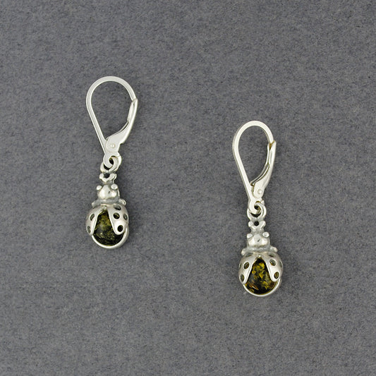 Green Amber Ladybug Earrings