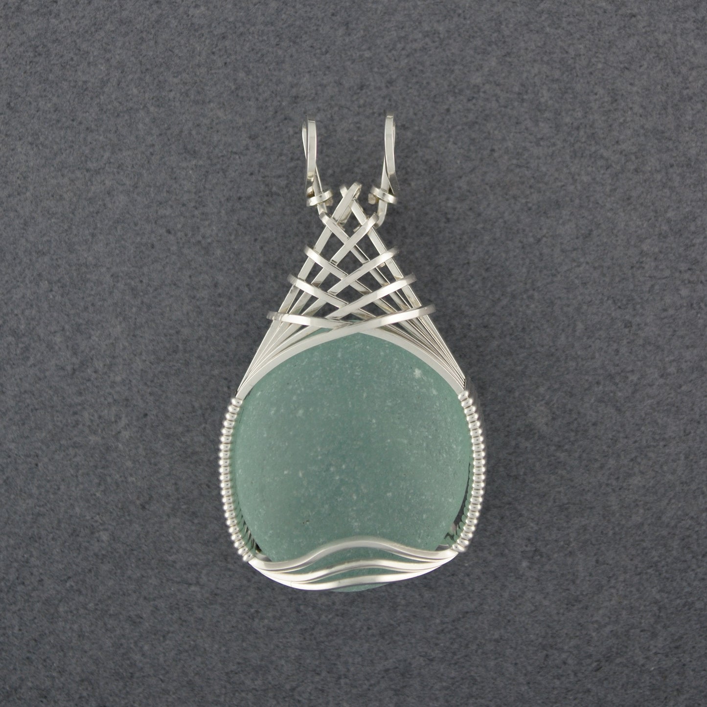 Sterling Silver Aqua Sea Glass Round Weave Pendant