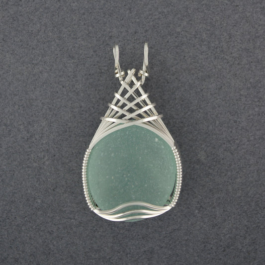 Sterling Silver Aqua Sea Glass Round Weave Pendant