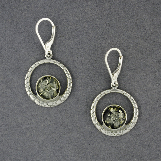 Green Amber in Detailed Circle Earrings