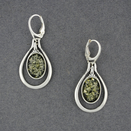 Green Amber Floating Teardrop Earrings