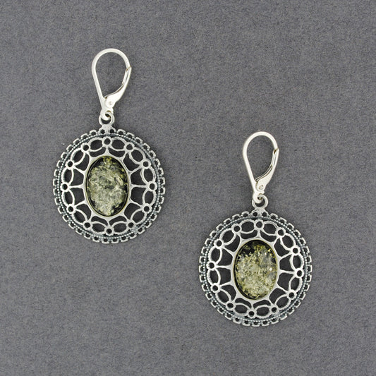 Green Amber Ornate Oval Earrings