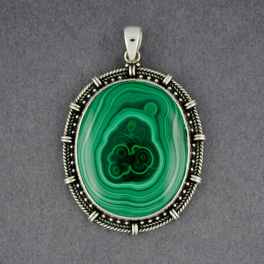 Sterling Silver Malachite Antiqued Oval Pendant