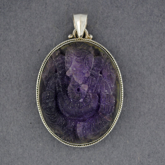 Sterling Silver Carved Amethyst Ganesha Pendant