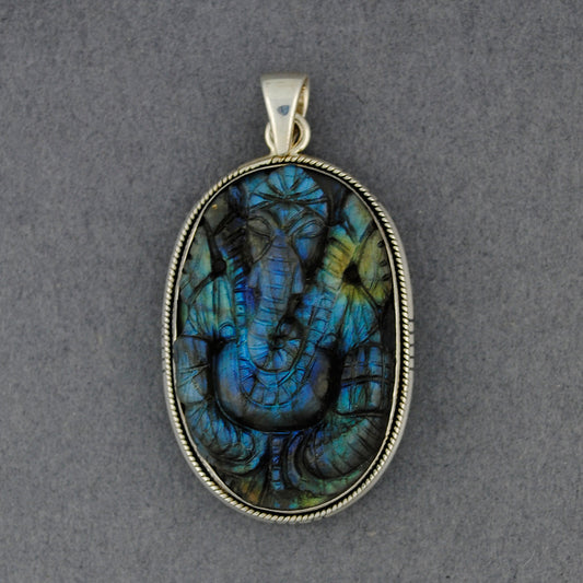 Sterling Silver Labradorite Carved Ganesha Pendant
