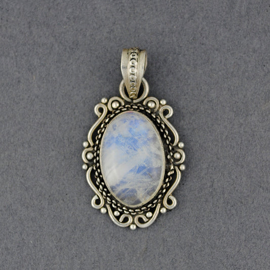 Sterling Silver Rainbow Moonstone Fancy Oval Pendant