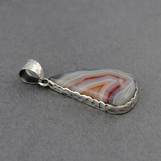 Sterling Silver Botswana Agate Hammered Teardrop Pendant