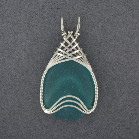 Sterling Silver Dark Aqua Sea Glass Weave Pendant