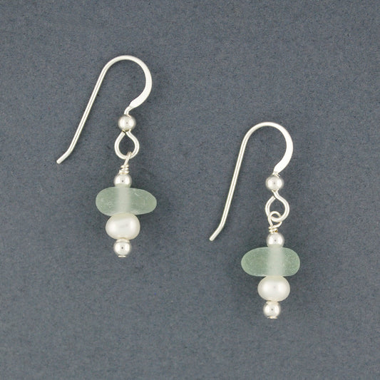 Sterling Silver Seafoam Sea Glass and Pearl Earrings