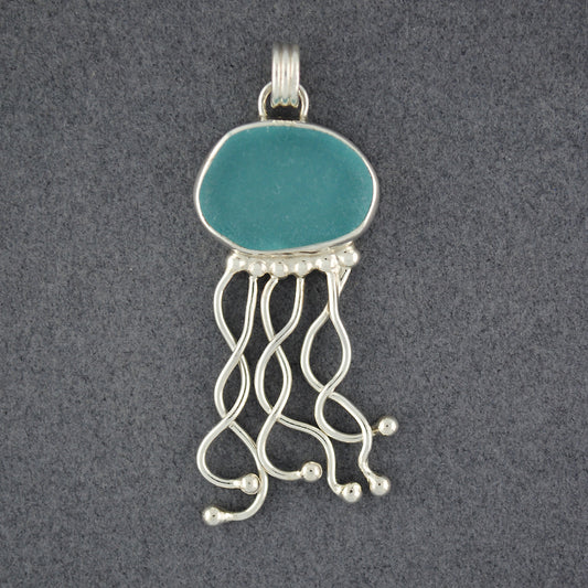 Sterling Silver Aqua Sea Glass Jellyfish Pendant