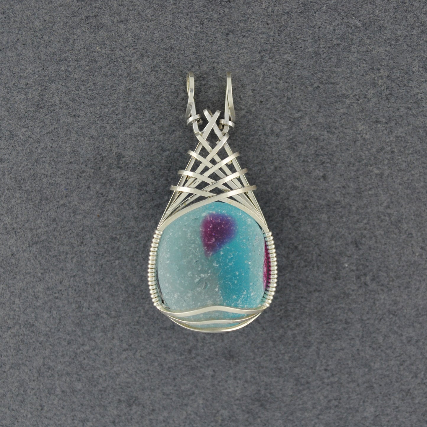 Sterling Silver Multi Color End of Day Sea Glass Weave Pendant