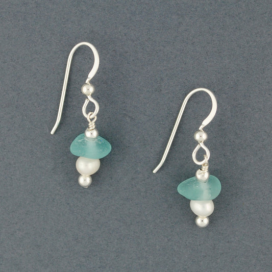 Sterling Silver Aqua Sea Glass and Pearl Earrings