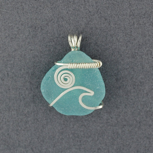 Sterling Silver Aqua Sea Glass Small Sun & Surf Pendant