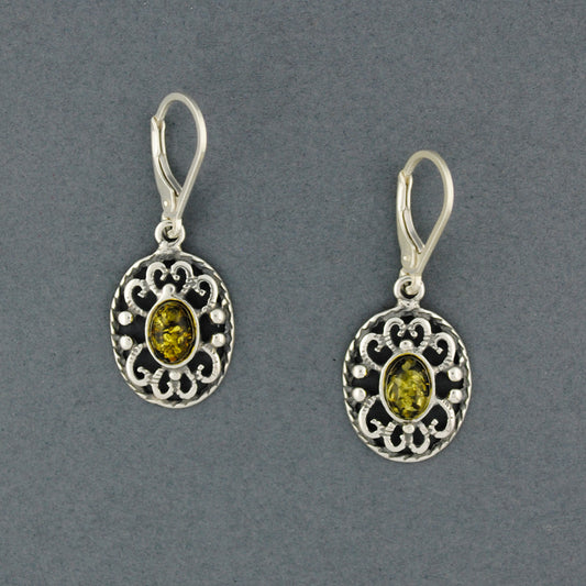 Green Amber Scroll Oval Earrings