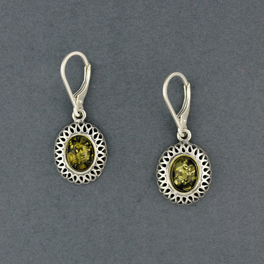 Green Amber Ribbon Oval Earrings