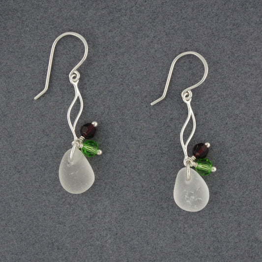 Red, White Sea Glass and Green Dangle Earrings