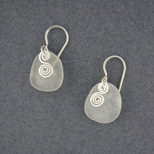 White Sea Glass Double Spiral Earrings