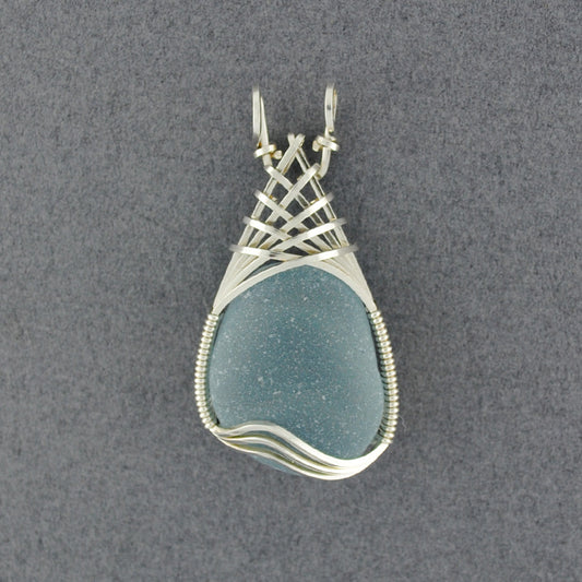 Sterling Silver Sky Blue Sea Glass Weave Pendant