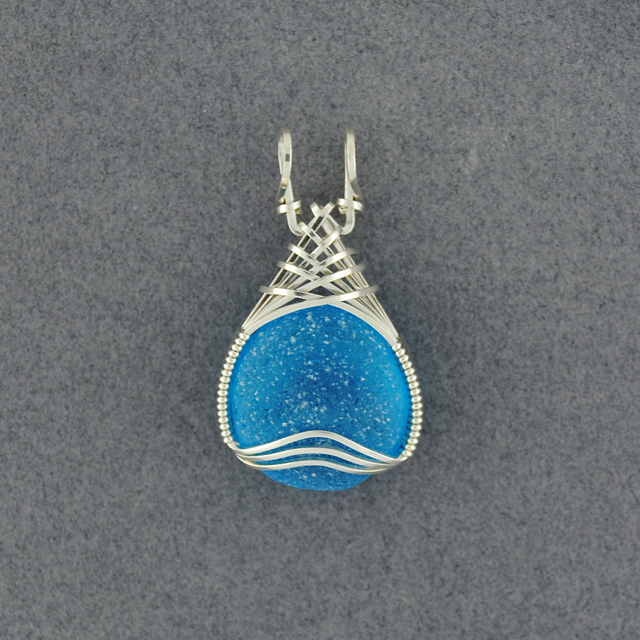 Sterling Silver Bright Blue Sea Glass Weave Pendant