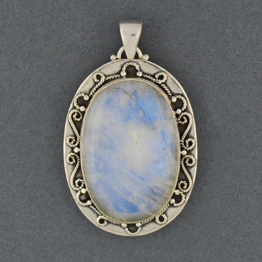 Sterling Silver Rainbow Moonstone Large Fancy Oval Pendant