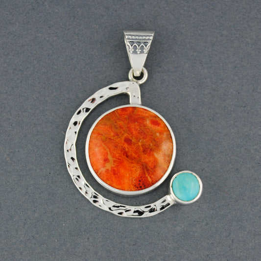 Semi Circle Coral and Turquoise Pendant