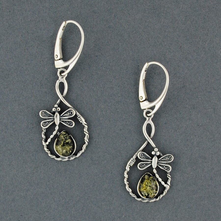 Green Amber Dragonfly in Twist Earrings