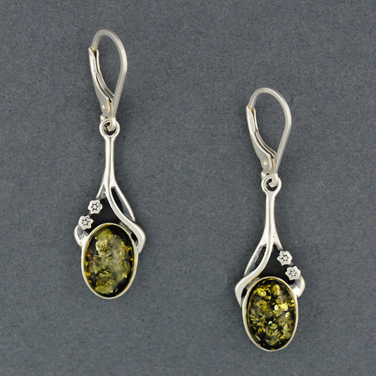 Green Amber Drop With Flowers Earrings