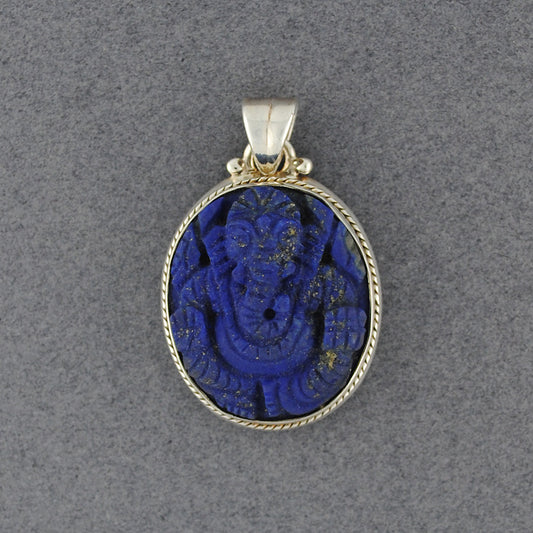 Sterling Silver Lapis Small Carved Ganesha Pendant