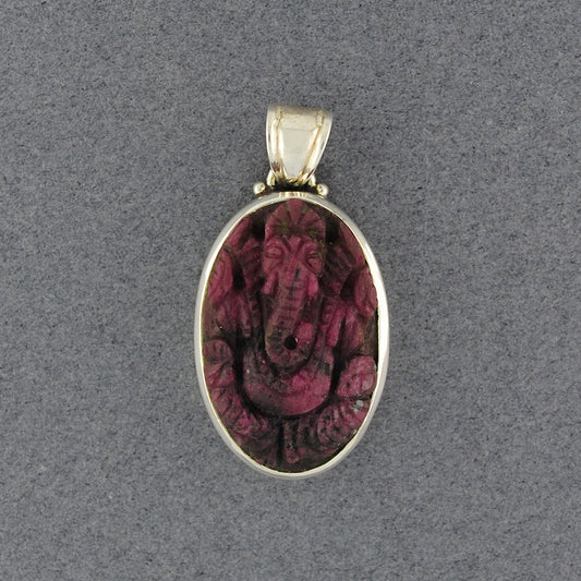 Sterling Silver Ruby Zoisite Carved Ganesha Pendant