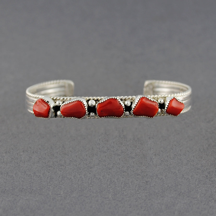 Sterling Silver Mediterranian Coral 5 Stone Cuff Bracelet