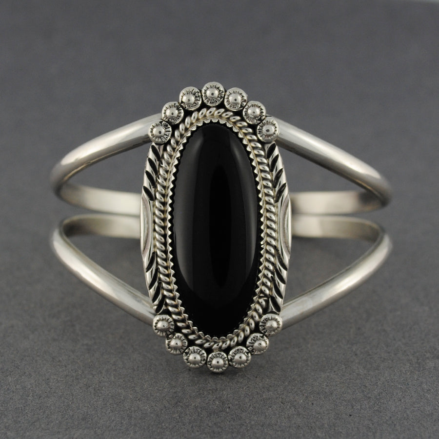 Sterling Silver Onyx Elongated Oval Cuff Bracelet